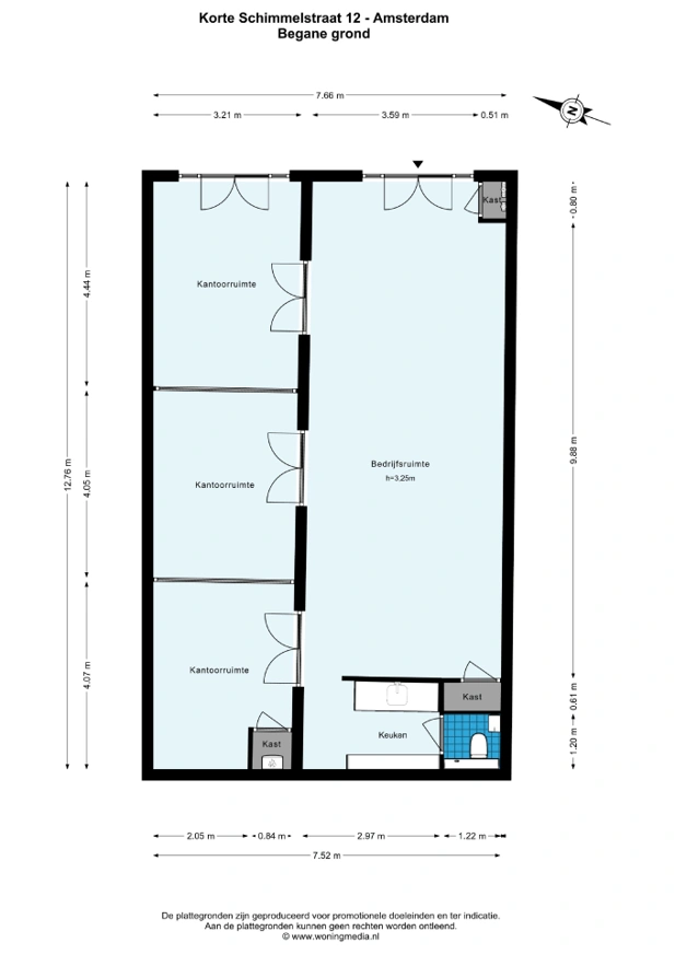 Plattegrond van de begane grond van Korte Schimmelstraat 12 in Amsterdam met meerdere kantoorruimtes, een bedrijfsruimte, keuken en sanitair.